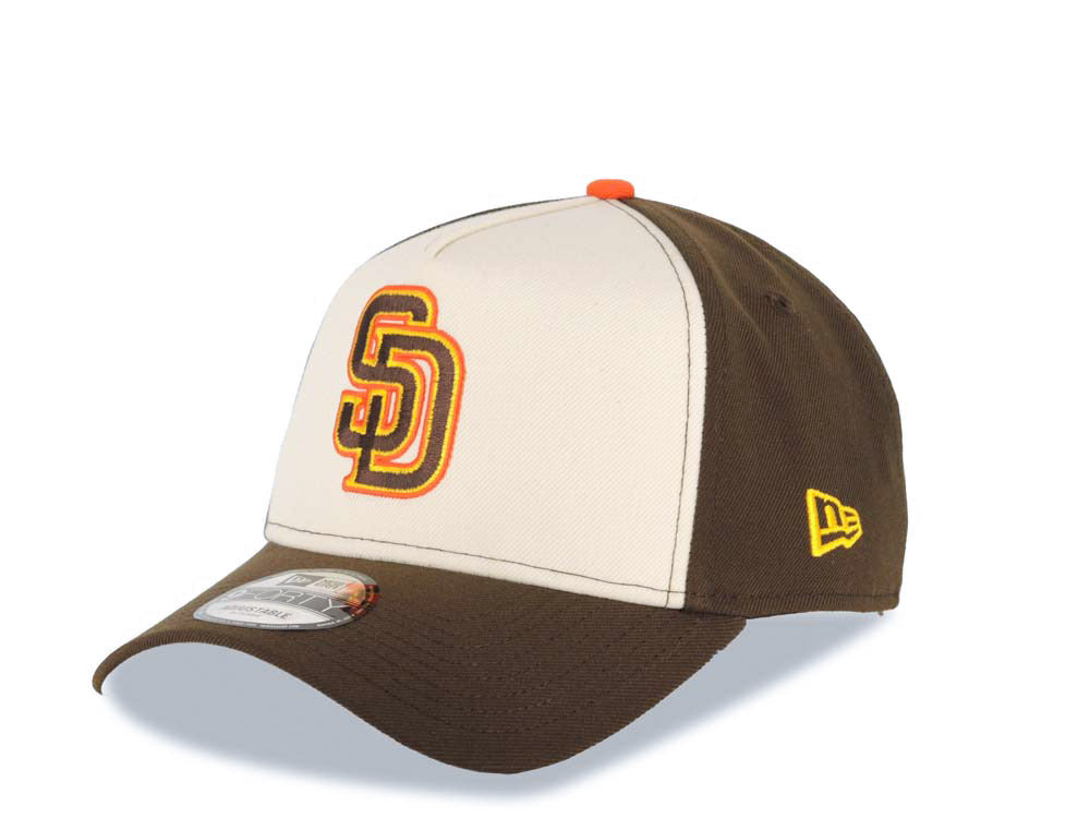 San Diego Padres New Era MLB 9FORTY 940 Adjustable A-Frame Cap Hat Cream/Brown Crown Brown Visor Brown/Yellow/Orange Logo 40th Anniversary Side Patch