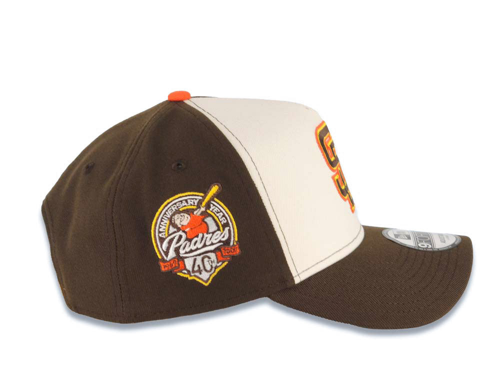 San Diego Padres New Era MLB 9FORTY 940 Adjustable A-Frame Cap Hat Cream/Brown Crown Brown Visor Brown/Yellow/Orange Logo 40th Anniversary Side Patch