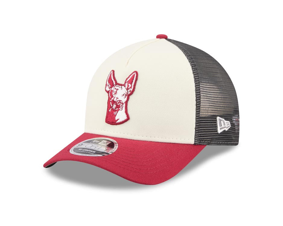 Xolos de Tijuana New Era Liga MX 9FORTY 940 Adjustable M-Crown Trucker/Mesh Cap Hat Chrome White/Gray Crown Maroon Visor Maroon/White Logo Gray UV