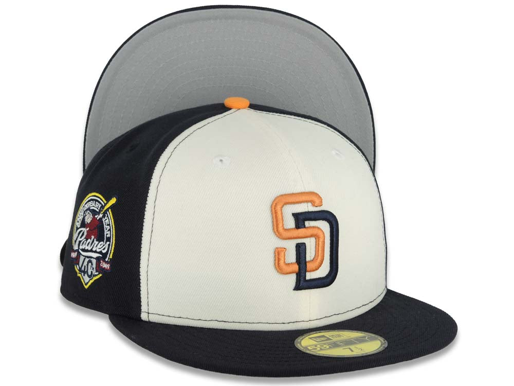 San Diego Padres New Era MLB 59FIFTY 5950 Fitted Cap Hat Cream/Navy Blue Crown Navy Blue Visor 2026 City Connect Logo 40th Anniversary Side Patch