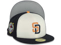 San Diego Padres New Era MLB 59FIFTY 5950 Fitted Cap Hat Cream/Navy Blue Crown Navy Blue Visor 2026 City Connect Logo 40th Anniversary Side Patch