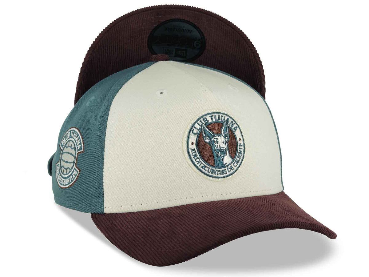 (Corduroy) Xolos de Tijuana New Era Liga MX 9FORTY 940 Adjustable A-Frame Cap Cream/Teal Crown Maroon Visor Teal/Maroon Logo Club Tijuana Side Patch