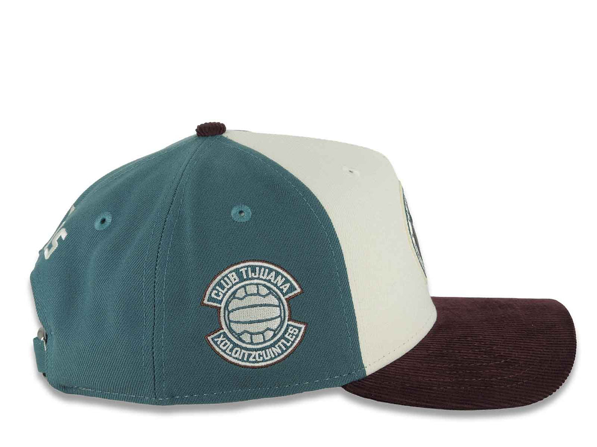 (Corduroy) Xolos de Tijuana New Era Liga MX 9FORTY 940 Adjustable A-Frame Cap Cream/Teal Crown Maroon Visor Teal/Maroon Logo Club Tijuana Side Patch