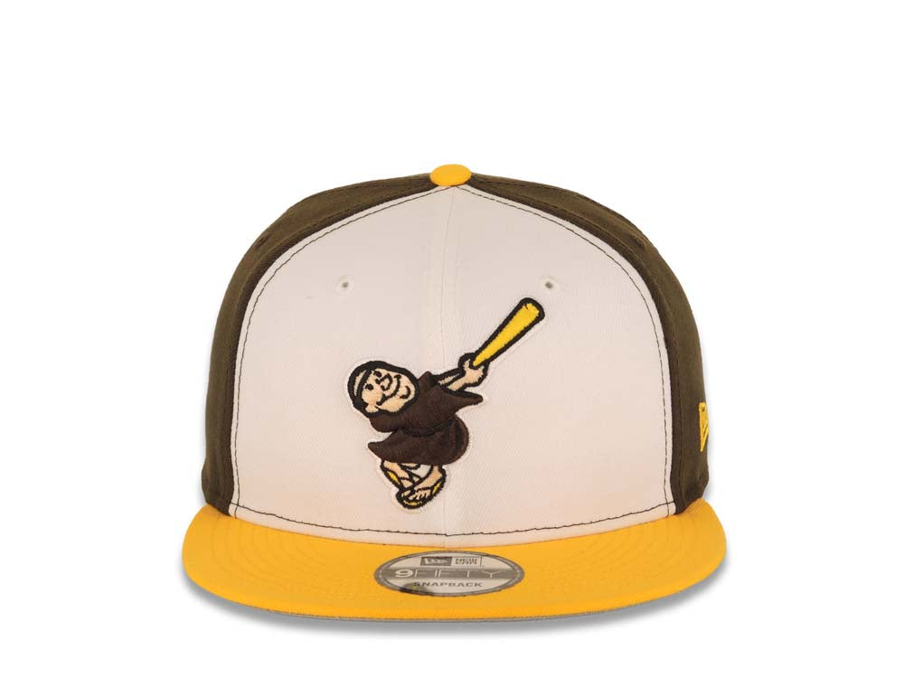 San Diego Padres New Era MLB 9FIFTY 950 Snapback Cap Hat White/Brown Crown Yellow Visor Brown/Yellow Swinging Friar Logo Gray UV