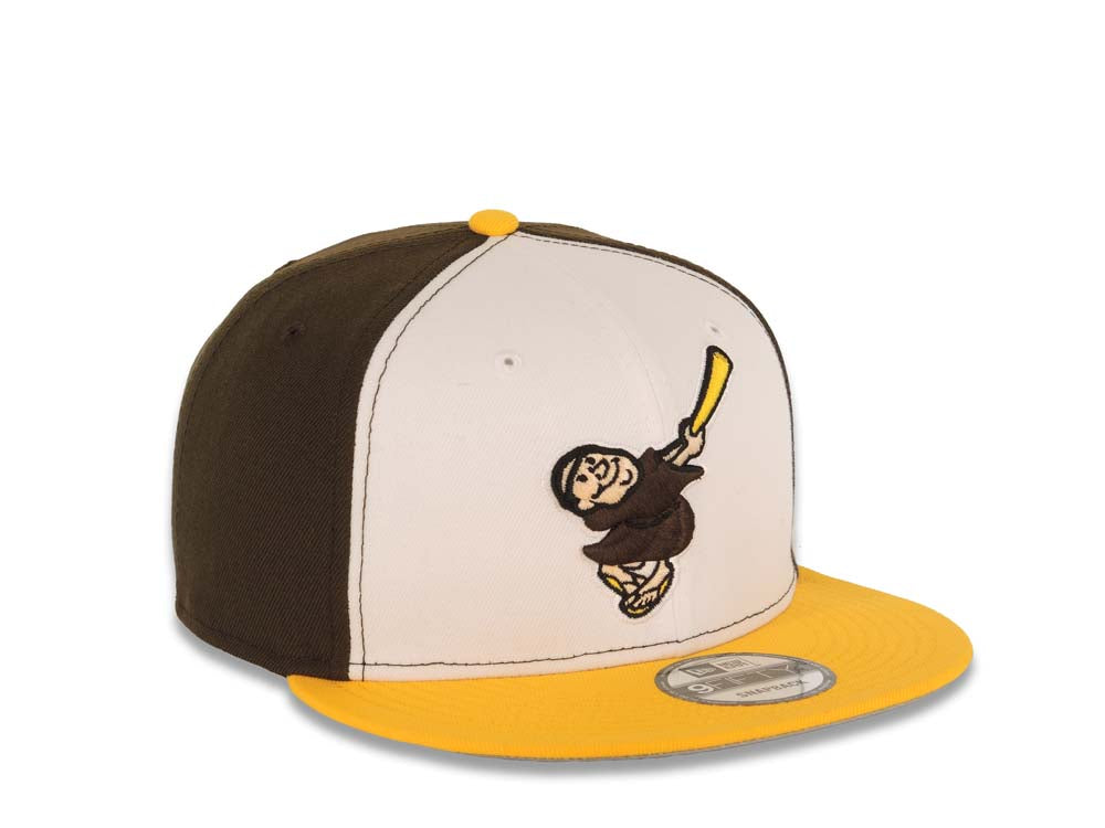 San Diego Padres New Era MLB 9FIFTY 950 Snapback Cap Hat White/Brown Crown Yellow Visor Brown/Yellow Swinging Friar Logo Gray UV
