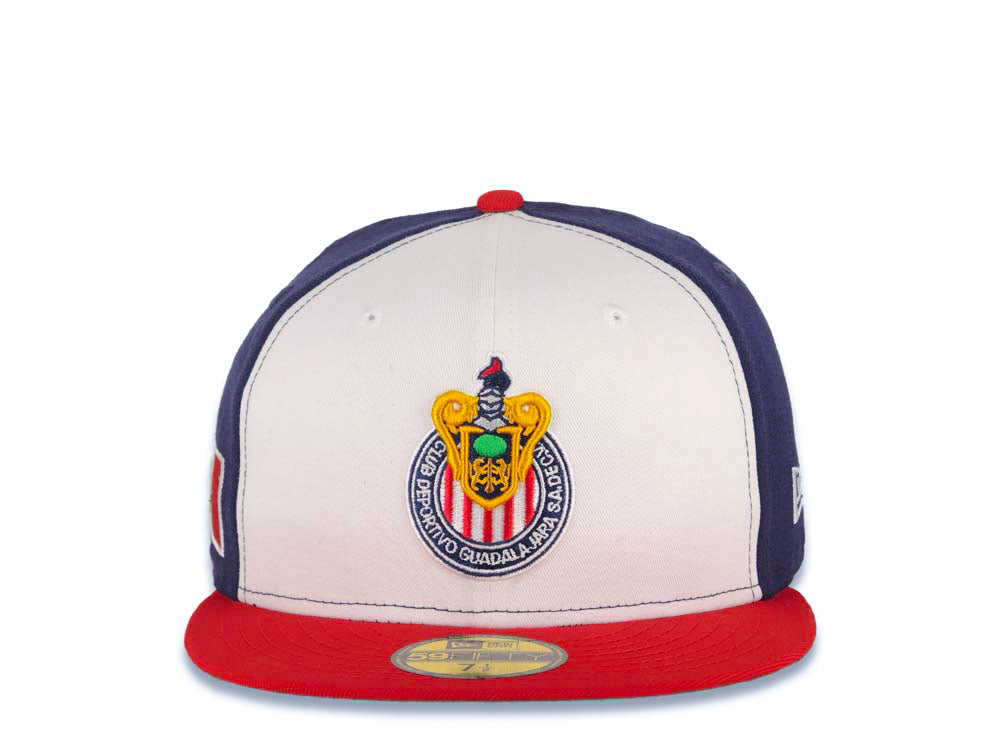 Chivas De Guadalajara New Era Liga MX 59FIFTY 5950 Fitted Cap Hat White/Navy Blue Crown Red Visor Team Color Logo
