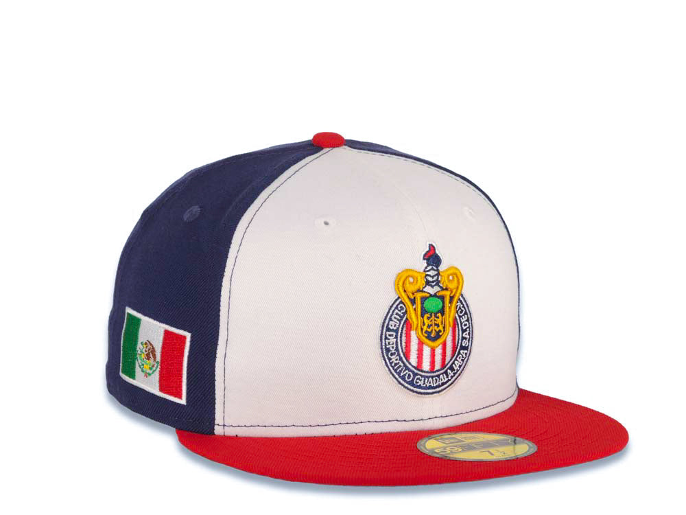 Chivas De Guadalajara New Era Liga MX 59FIFTY 5950 Fitted Cap Hat White/Navy Blue Crown Red Visor Team Color Logo