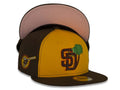 San Diego Padres New Era MLB 59Fifty 5950 Fitted Cap Hat Yellow/Brown Crown Brown/Orange Logo with Palm Tree Friar Side Path Pink UV