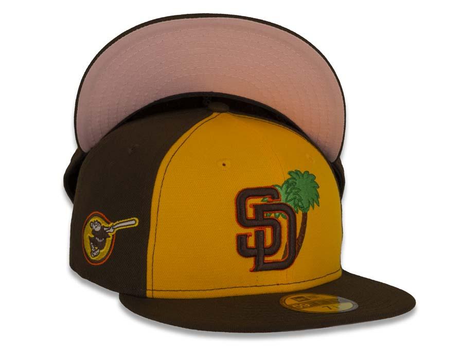 San Diego Padres New Era MLB 59Fifty 5950 Fitted Cap Hat Yellow/Brown Crown Brown/Orange Logo with Palm Tree Friar Side Path Pink UV