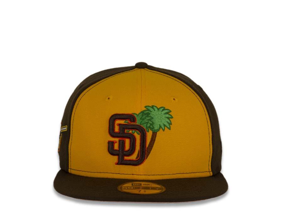 San Diego Padres New Era MLB 59Fifty 5950 Fitted Cap Hat Yellow/Brown Crown Brown/Orange Logo with Palm Tree Friar Side Path Pink UV