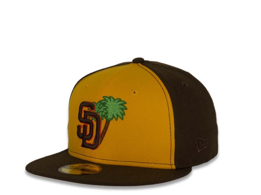 San Diego Padres New Era MLB 59Fifty 5950 Fitted Cap Hat Yellow/Brown Crown Brown/Orange Logo with Palm Tree Friar Side Path Pink UV