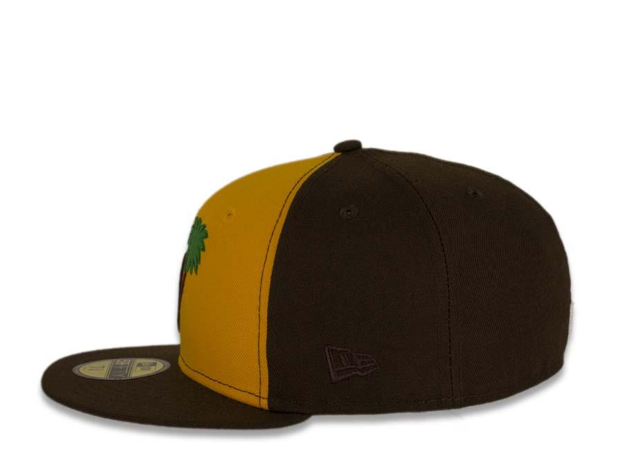 San Diego Padres New Era MLB 59Fifty 5950 Fitted Cap Hat Yellow/Brown Crown Brown/Orange Logo with Palm Tree Friar Side Path Pink UV