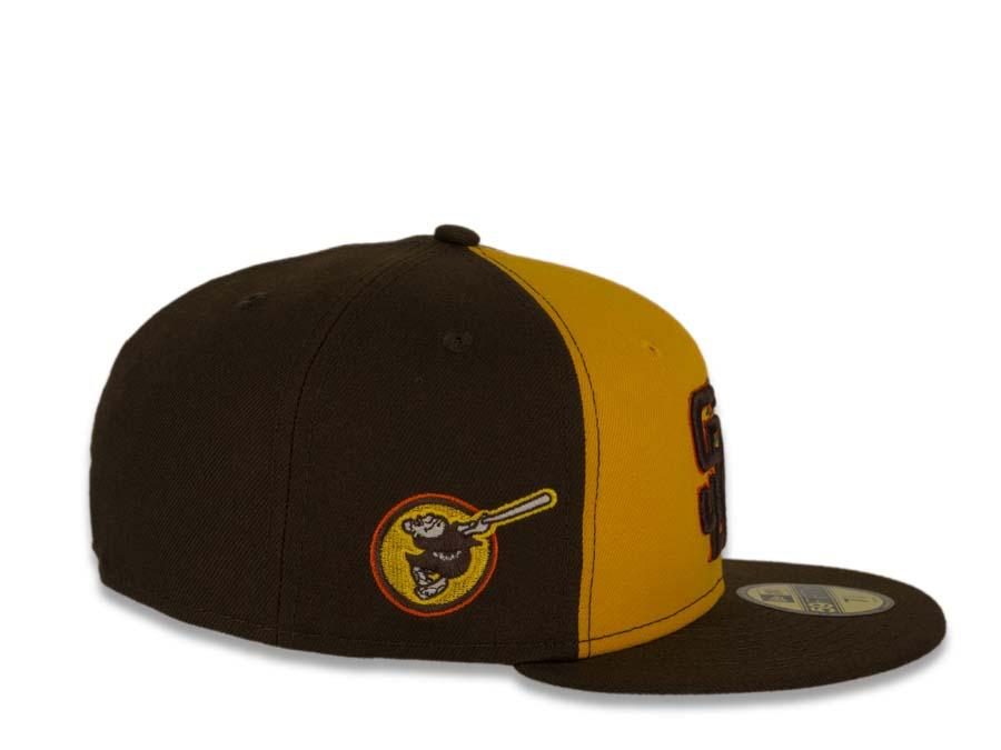 San Diego Padres New Era MLB 59Fifty 5950 Fitted Cap Hat Yellow/Brown Crown Brown/Orange Logo with Palm Tree Friar Side Path Pink UV