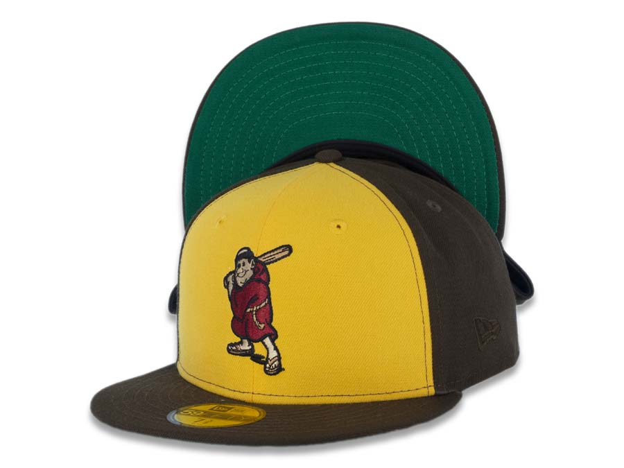 San Diego Padres New Era MLB 59FIFTY 5950 Fitted Cap Hat Yellow /Brown Crown Brown Visor Cardinal/Khaki Batting Friar Logo Green UV