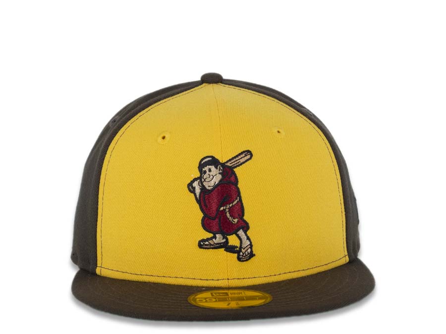 San Diego Padres New Era MLB 59FIFTY 5950 Fitted Cap Hat Yellow /Brown Crown Brown Visor Cardinal/Khaki Batting Friar Logo Green UV