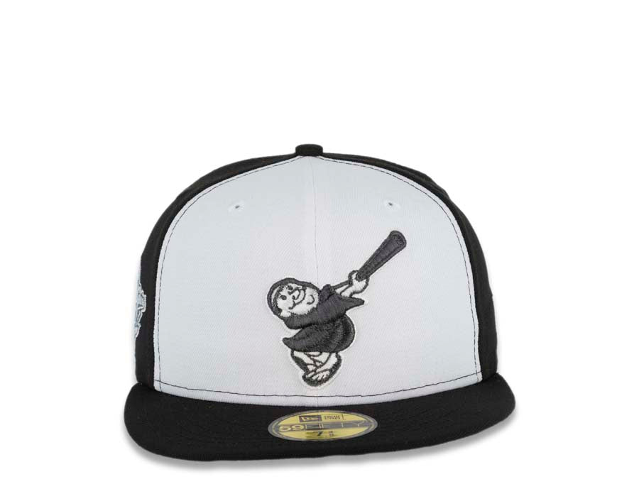 San Diego Padres New Era MLB 59FIFTY 5950 Fitted Cap Hat White/Black Crown Metallic Black Visor Black Swinging Friar Logo 1998 World Series Side Patch