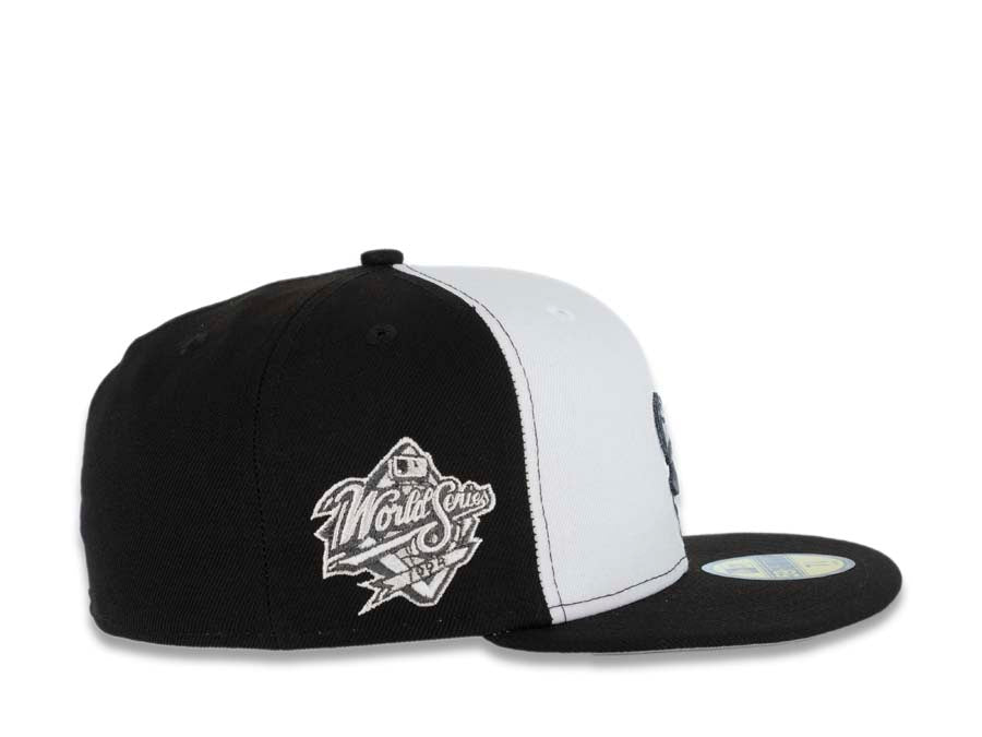 San Diego Padres New Era MLB 59FIFTY 5950 Fitted Cap Hat White/Black Crown Metallic Black Visor Black Swinging Friar Logo 1998 World Series Side Patch