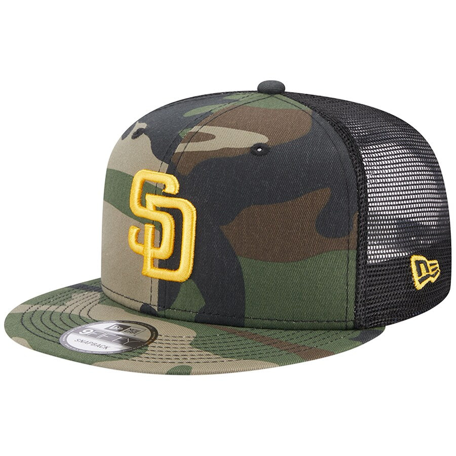 San Diego Padres New Era MLB 9FIFTY 950 Trucker Mesh Snapback Cap Hat Camo/Black Crown Camo Visor Yellow Logo