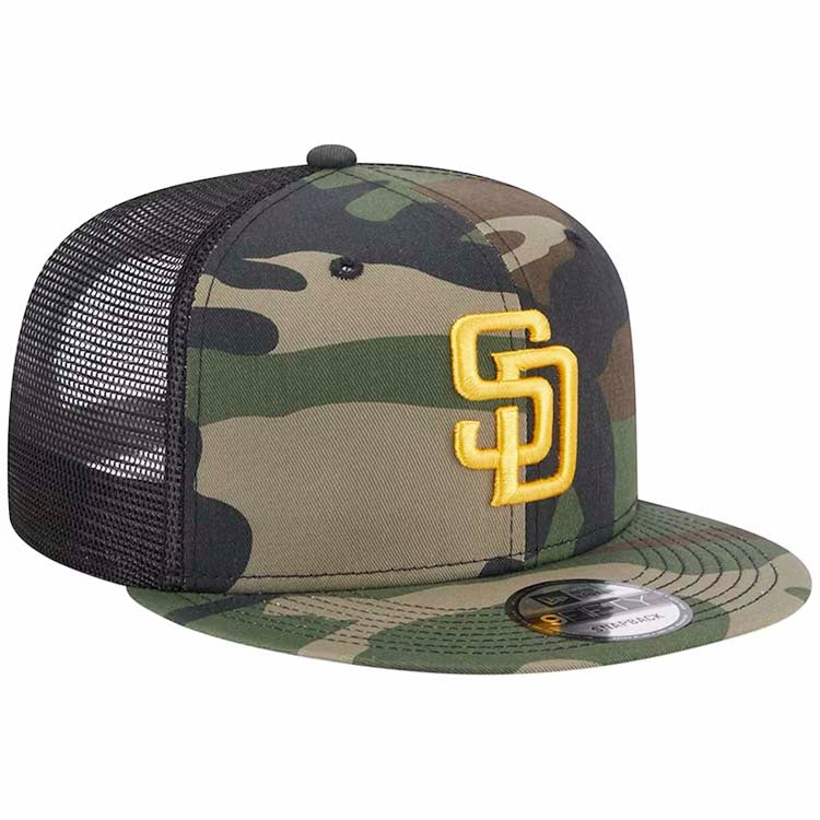 San Diego Padres New Era MLB 9FIFTY 950 Trucker Mesh Snapback Cap Hat Camo/Black Crown Camo Visor Yellow Logo
