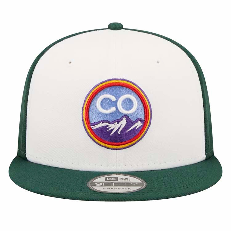 (City Connect) Colorado Rockies New Era MLB 9FIFTY 950 Snapback Cap Hat White/Dark Green Crown Dark Green Visor Purple/Sky Blue/Orange Logo
