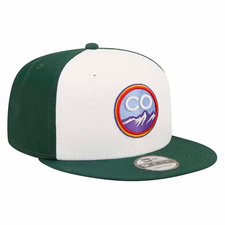 (City Connect) Colorado Rockies New Era MLB 9FIFTY 950 Snapback Cap Hat White/Dark Green Crown Dark Green Visor Purple/Sky Blue/Orange Logo