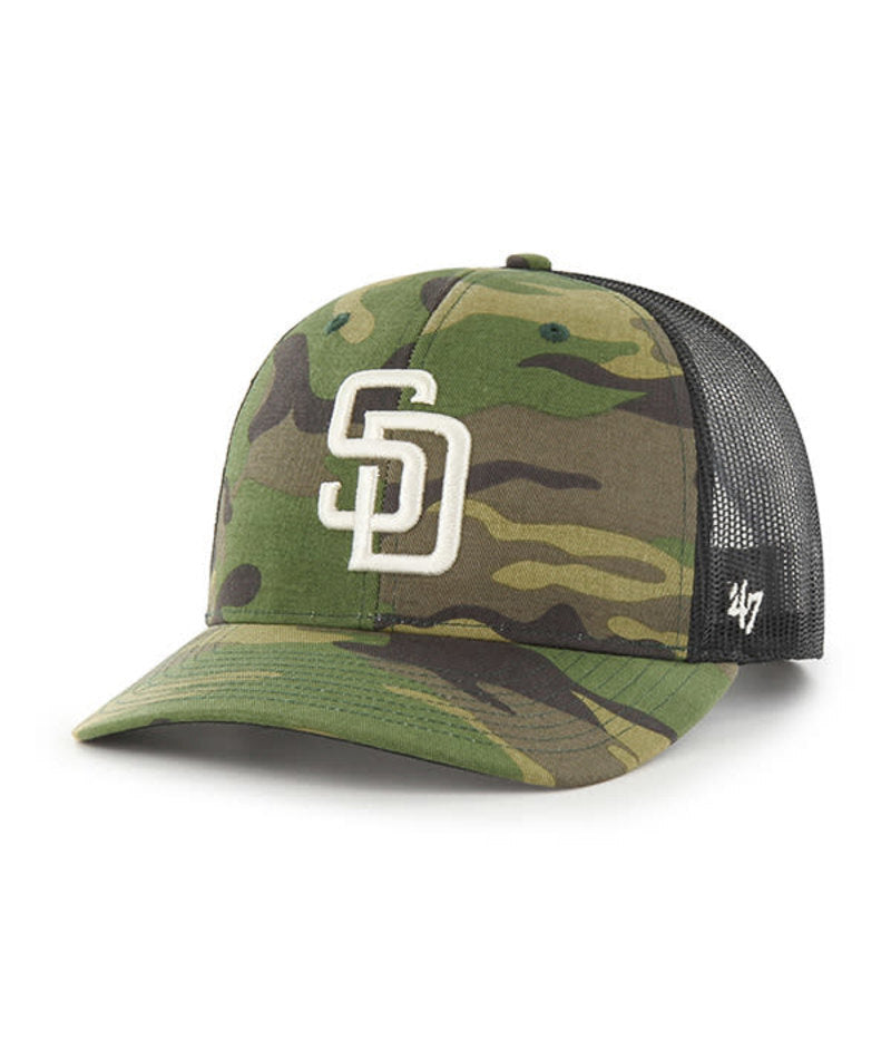 San Diego Padres '47 MLB Snapback Trucker Mesh Cap Hat Camo/Black Crown Camo Visor White Logo