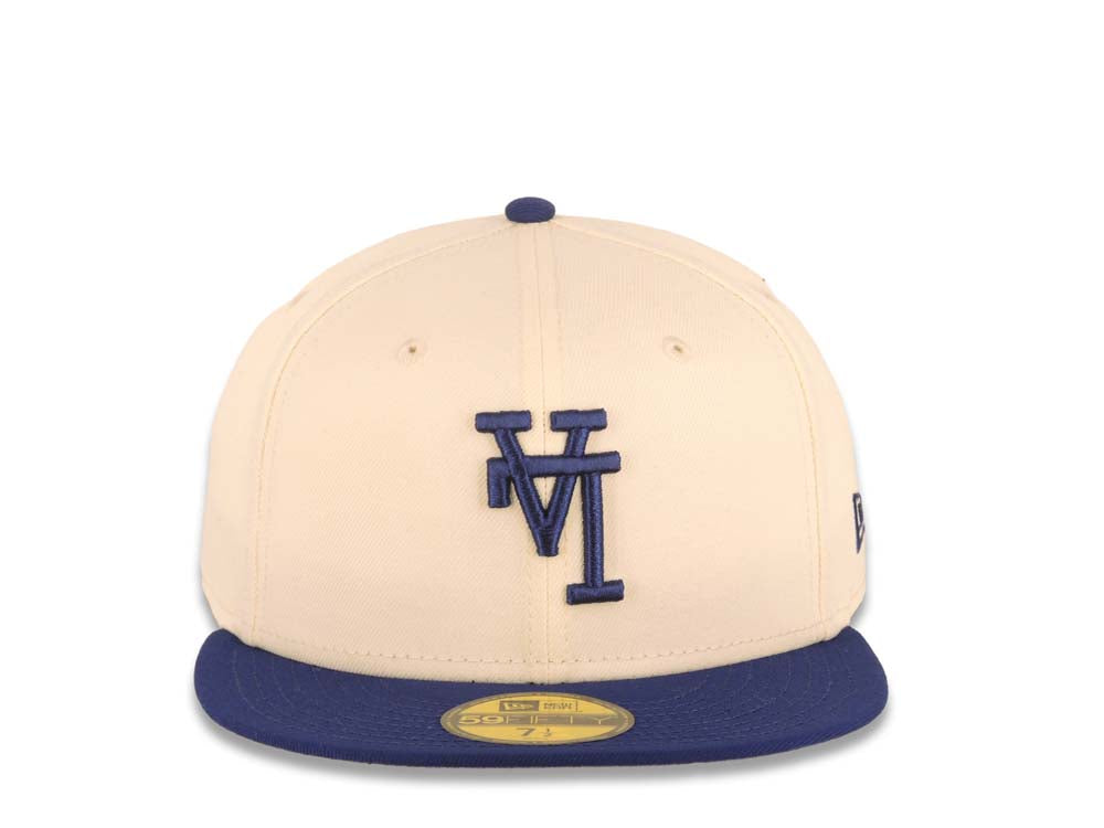 Los Angeles Dodgers New Era MLB 59FIFTY 5950 Fitted Cap Hat Cream Crown Dark Royal Visor Dark Royal Upside Down Logo Gray UV