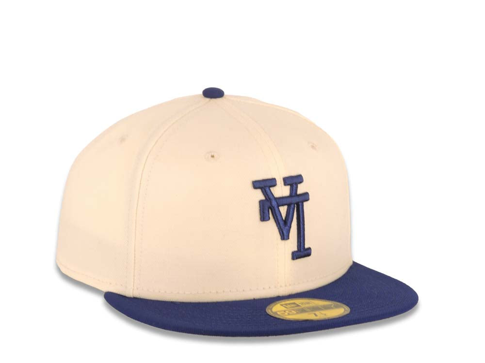 Los Angeles Dodgers New Era MLB 59FIFTY 5950 Fitted Cap Hat Cream Crown Dark Royal Visor Dark Royal Upside Down Logo Gray UV