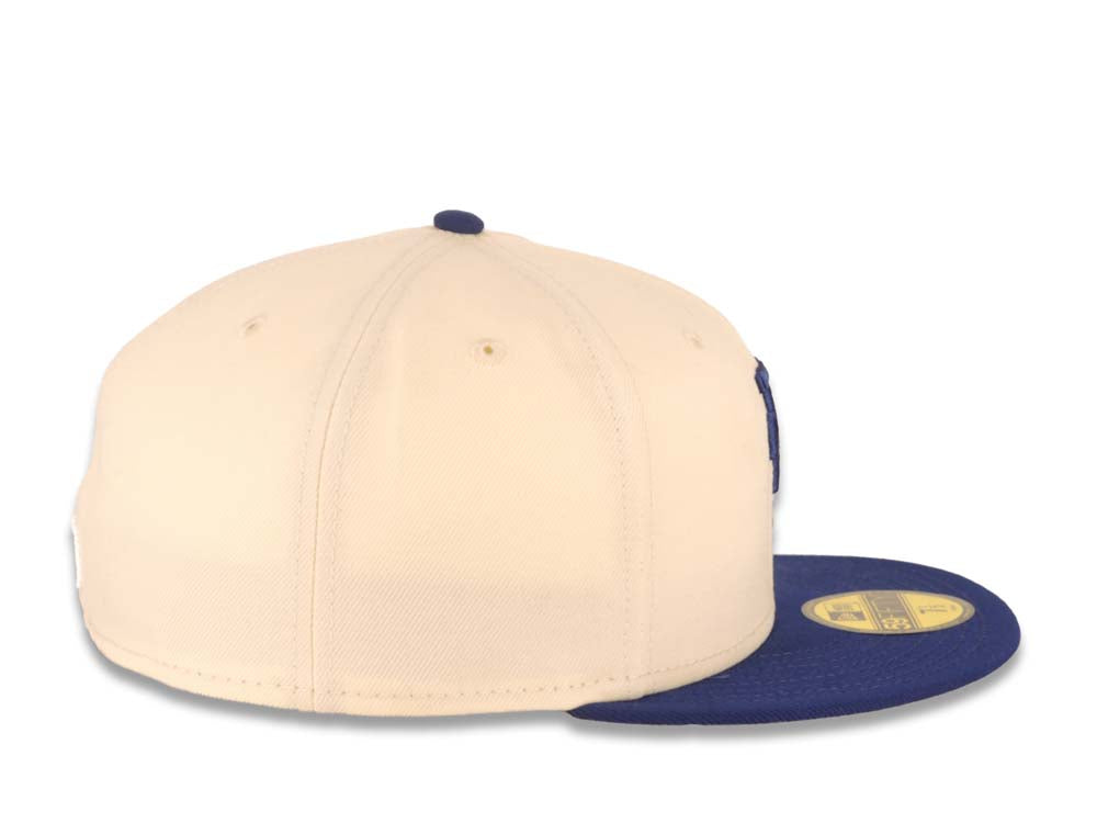 Los Angeles Dodgers New Era MLB 59FIFTY 5950 Fitted Cap Hat Cream Crown Dark Royal Visor Dark Royal Upside Down Logo Gray UV