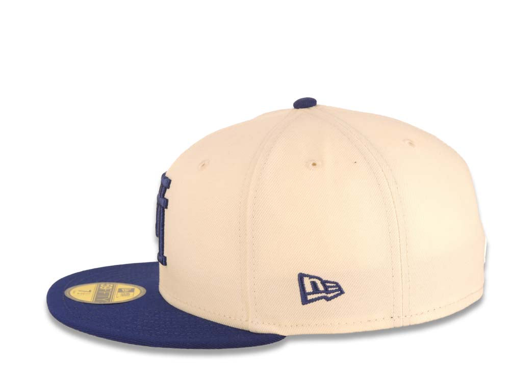 Los Angeles Dodgers New Era MLB 59FIFTY 5950 Fitted Cap Hat Cream Crown Dark Royal Visor Dark Royal Upside Down Logo Gray UV