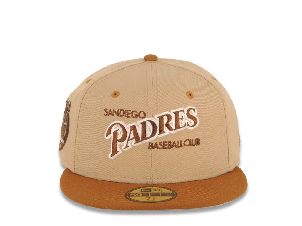 San Diego Padres New Era MLB 59FIFTY 5950 Fitted Cap Hat Khaki Crown Brown Visor Brown/White Baseball Club Logo Petco Park 20 Years Side Patch Gray UV