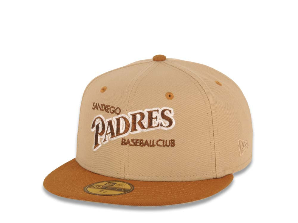 San Diego Padres New Era MLB 59FIFTY 5950 Fitted Cap Hat Khaki Crown Brown Visor Brown/White Baseball Club Logo Petco Park 20 Years Side Patch Gray UV