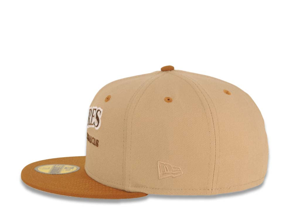 San Diego Padres New Era MLB 59FIFTY 5950 Fitted Cap Hat Khaki Crown Brown Visor Brown/White Baseball Club Logo Petco Park 20 Years Side Patch Gray UV