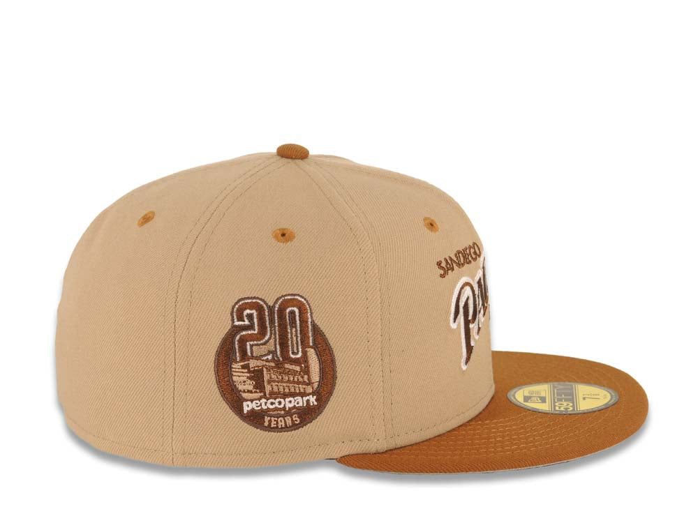 San Diego Padres New Era MLB 59FIFTY 5950 Fitted Cap Hat Khaki Crown Brown Visor Brown/White Baseball Club Logo Petco Park 20 Years Side Patch Gray UV