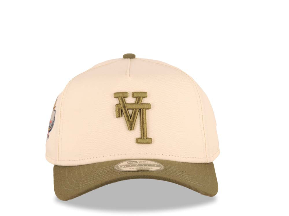 Los Angeles Dodgers New Era MLB 9FORTY 940 Adjustable A-Frame Cap Hat Cream Crown Olive Green Visor Olive Upside Down Logo 40th Anniversary Side Patch
