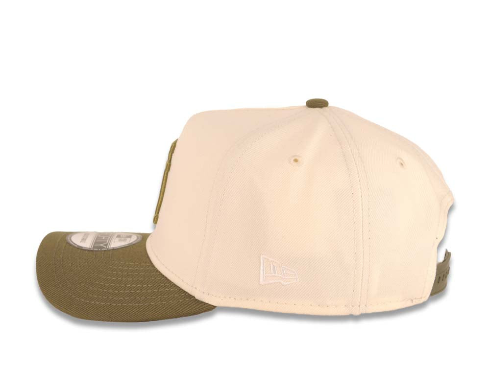 Los Angeles Dodgers New Era MLB 9FORTY 940 Adjustable A-Frame Cap Hat Cream Crown Olive Green Visor Olive Upside Down Logo 40th Anniversary Side Patch