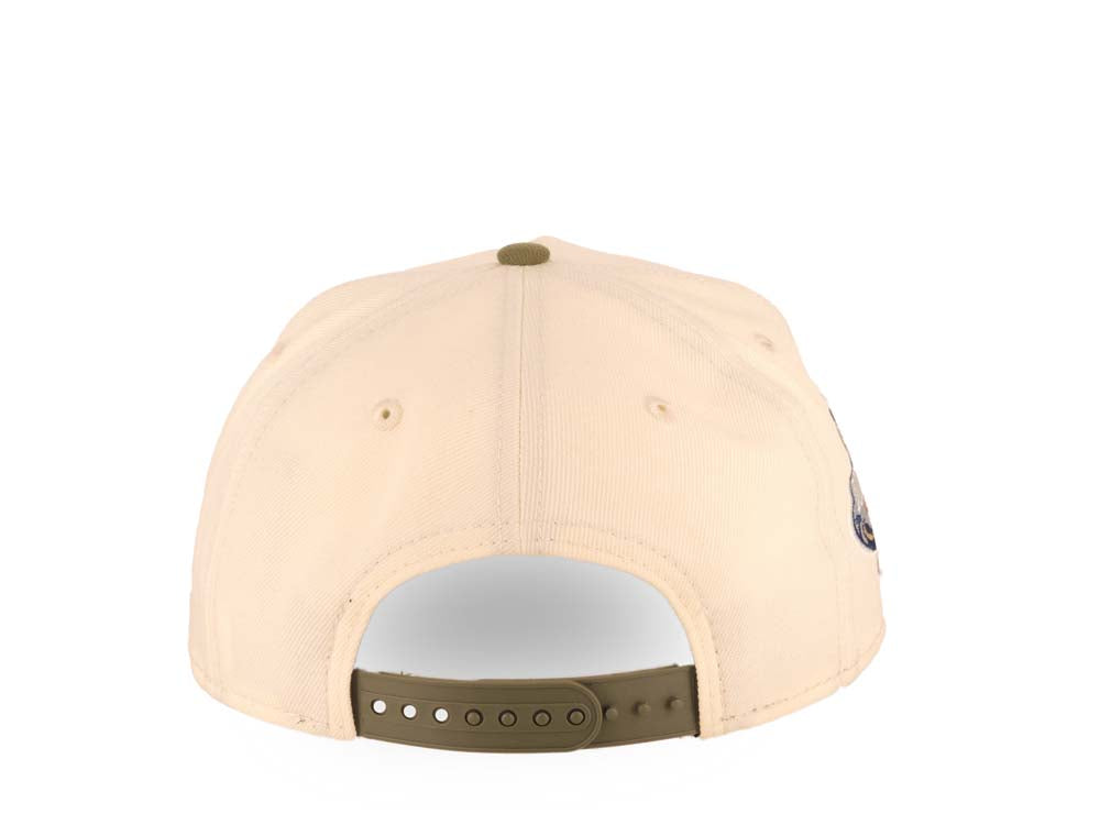 Los Angeles Dodgers New Era MLB 9FORTY 940 Adjustable A-Frame Cap Hat Cream Crown Olive Green Visor Olive Upside Down Logo 40th Anniversary Side Patch