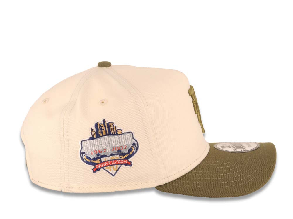 Los Angeles Dodgers New Era MLB 9FORTY 940 Adjustable A-Frame Cap Hat Cream Crown Olive Green Visor Olive Upside Down Logo 40th Anniversary Side Patch