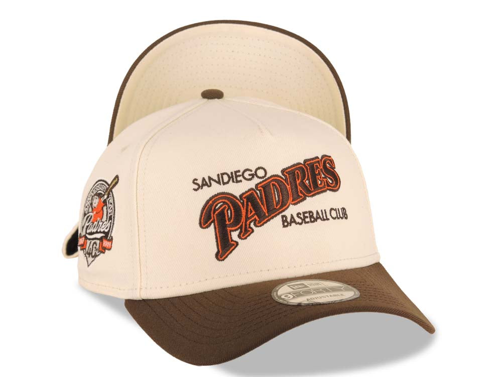 San Diego Padres New Era MLB 9FORTY 940 Adjustable A-Frame Cap Hat Cream Crown Brown Visor Brown/Orange Baseball Club Logo 40th Anniversary Side Patch