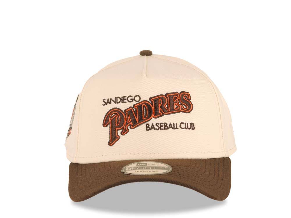 San Diego Padres New Era MLB 9FORTY 940 Adjustable A-Frame Cap Hat Cream Crown Brown Visor Brown/Orange Baseball Club Logo 40th Anniversary Side Patch