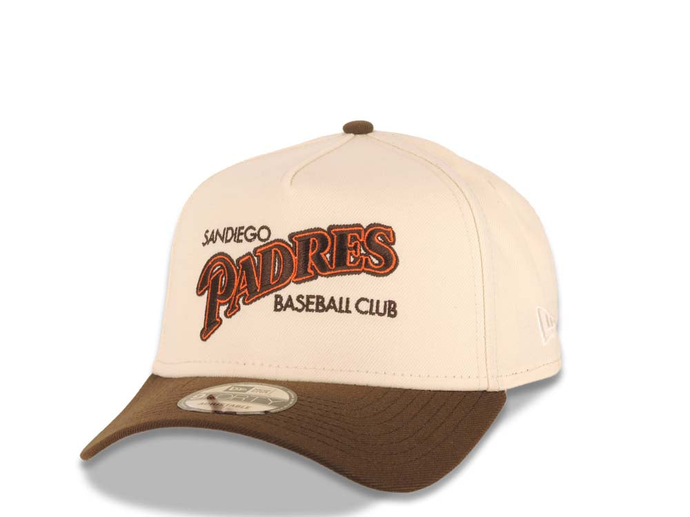 San Diego Padres New Era MLB 9FORTY 940 Adjustable A-Frame Cap Hat Cream Crown Brown Visor Brown/Orange Baseball Club Logo 40th Anniversary Side Patch
