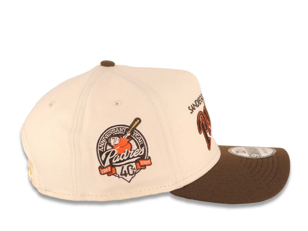 San Diego Padres New Era MLB 9FORTY 940 Adjustable A-Frame Cap Hat Cream Crown Brown Visor Brown/Orange Baseball Club Logo 40th Anniversary Side Patch