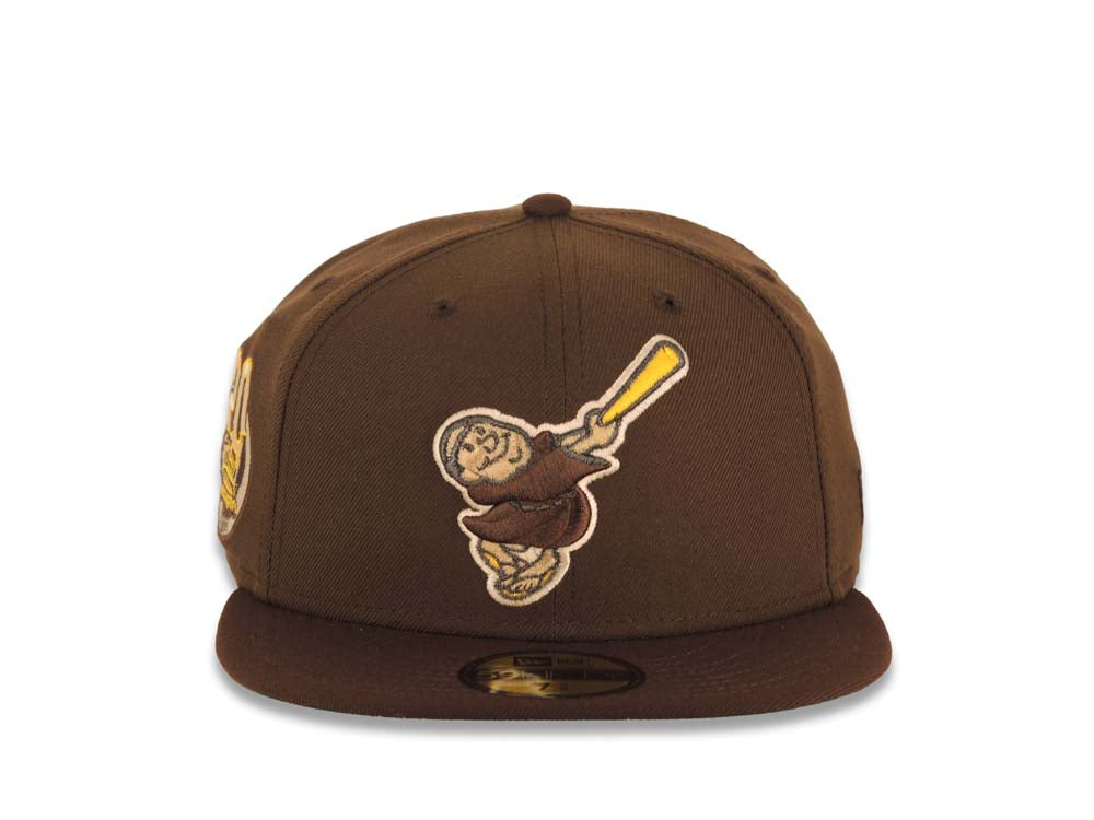 San Diego Padres New Era MLB 59FIFTY 5950 Fitted Cap Hat Brown Crown Dark Brown Visor Brown/Yellow Swinging Friar Logo Petco Park 20 Years Side Patch
