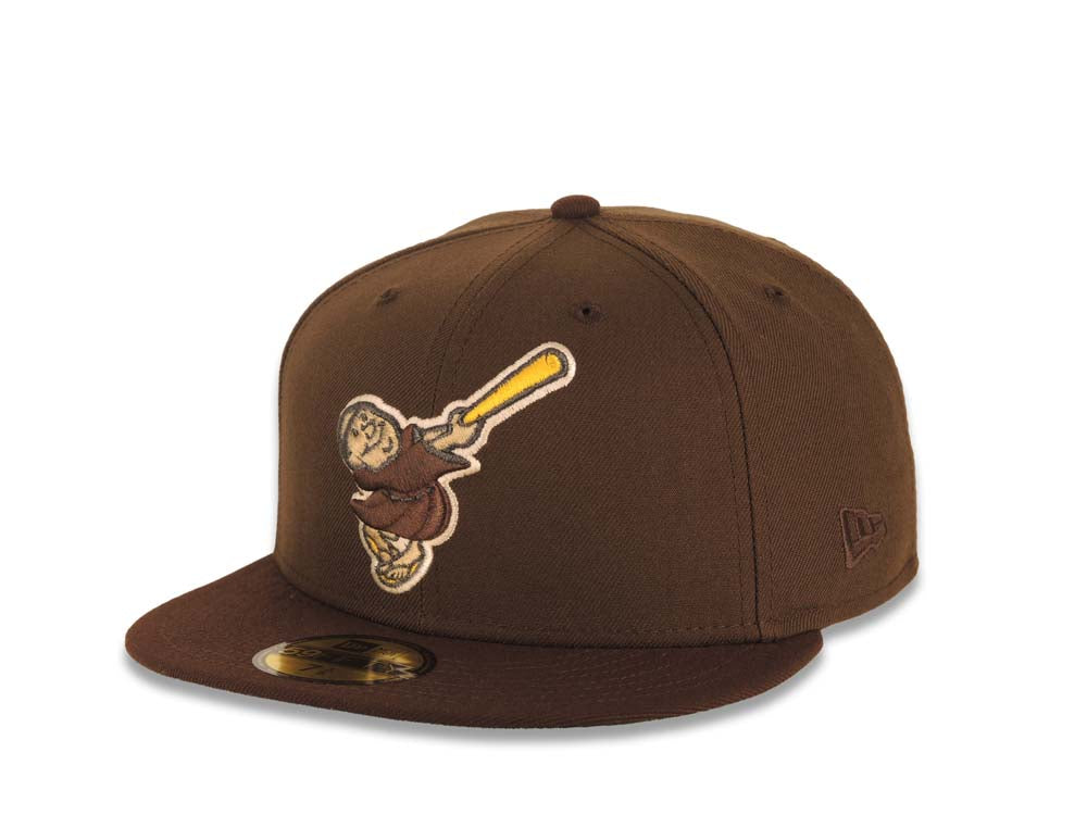 San Diego Padres New Era MLB 59FIFTY 5950 Fitted Cap Hat Brown Crown Dark Brown Visor Brown/Yellow Swinging Friar Logo Petco Park 20 Years Side Patch
