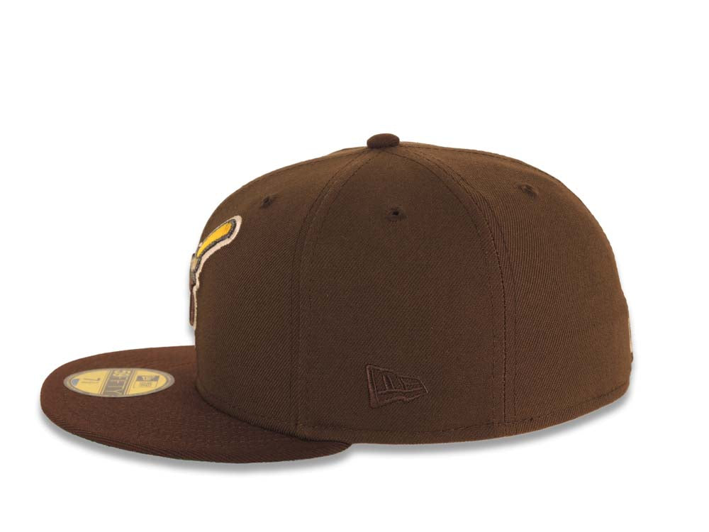 San Diego Padres New Era MLB 59FIFTY 5950 Fitted Cap Hat Brown Crown Dark Brown Visor Brown/Yellow Swinging Friar Logo Petco Park 20 Years Side Patch