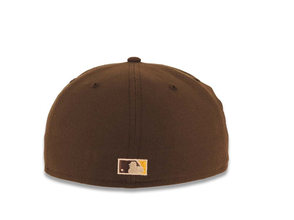 San Diego Padres New Era MLB 59FIFTY 5950 Fitted Cap Hat Brown Crown Dark Brown Visor Brown/Yellow Swinging Friar Logo Petco Park 20 Years Side Patch