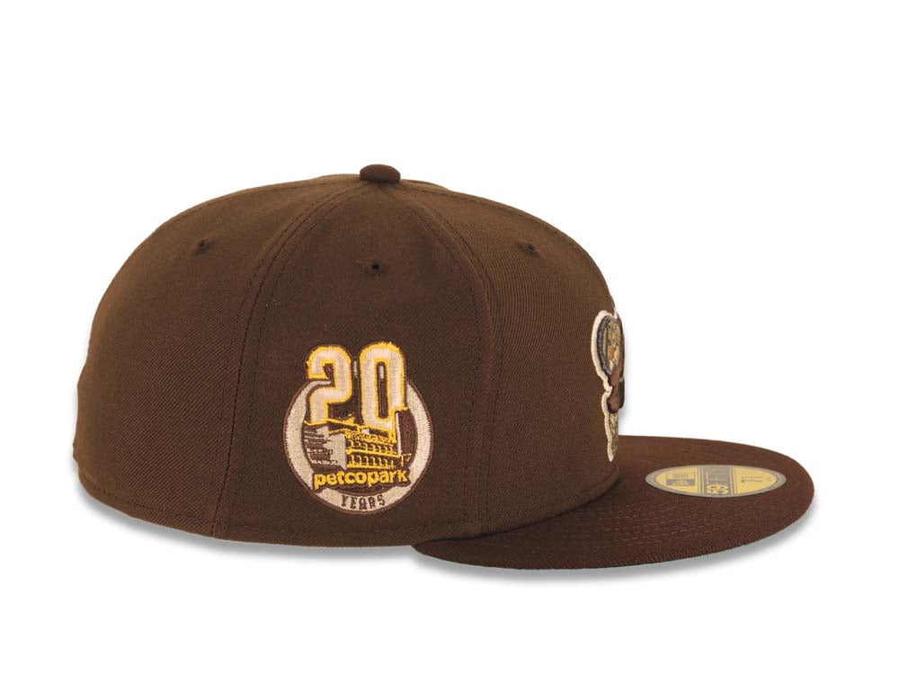 San Diego Padres New Era MLB 59FIFTY 5950 Fitted Cap Hat Brown Crown Dark Brown Visor Brown/Yellow Swinging Friar Logo Petco Park 20 Years Side Patch