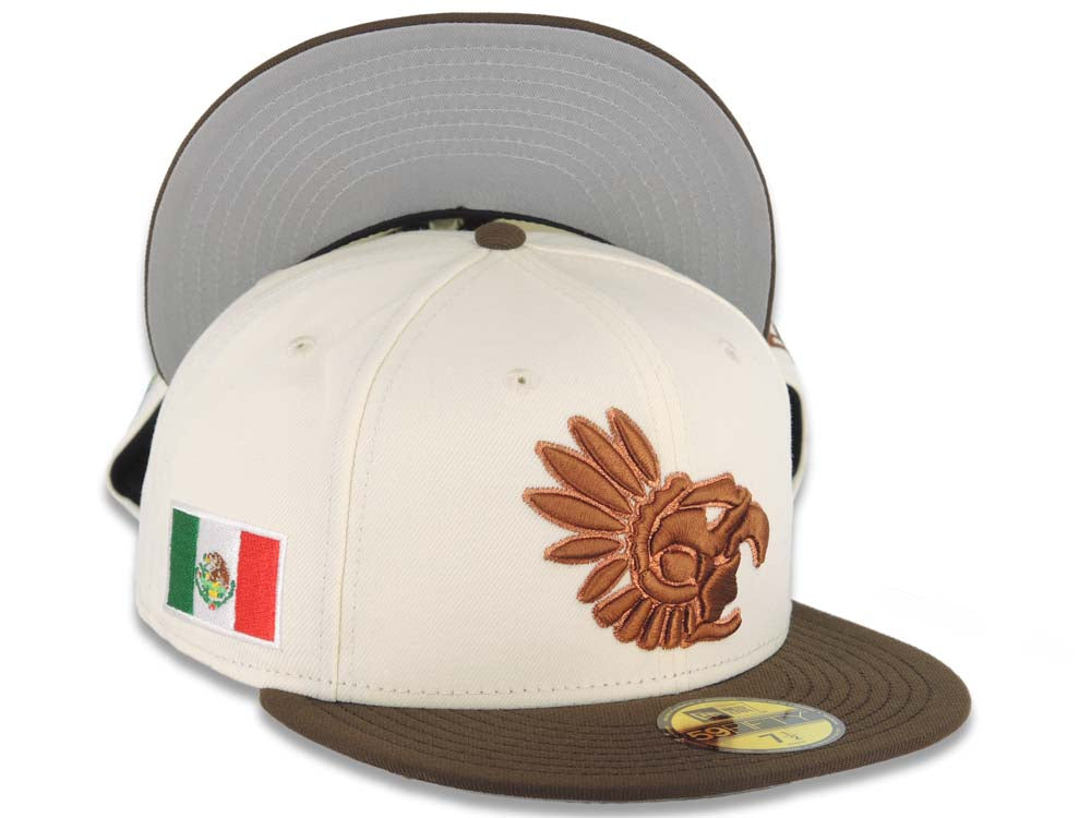 Mexico Aztec New Era 59FIFTY 5950 Fitted Cap Hat Cream Crown Brown Visor Brown Headdress Logo Mexico Flag Side Patch Gray UV