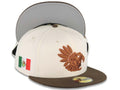 Mexico Aztec New Era 59FIFTY 5950 Fitted Cap Hat Cream Crown Brown Visor Brown Headdress Logo Mexico Flag Side Patch Gray UV
