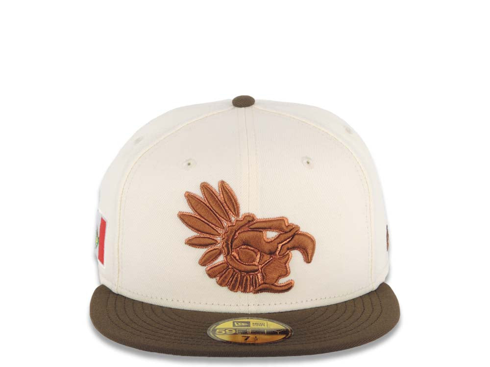 Mexico Aztec New Era 59FIFTY 5950 Fitted Cap Hat Cream Crown Brown Visor Brown Headdress Logo Mexico Flag Side Patch Gray UV